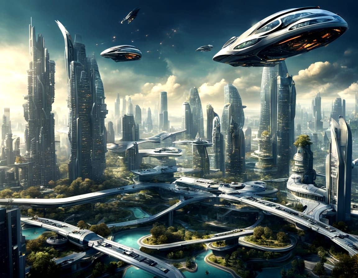 Cyberpunk Cityscape with Biomorph Skyscrapers and Flying Car...