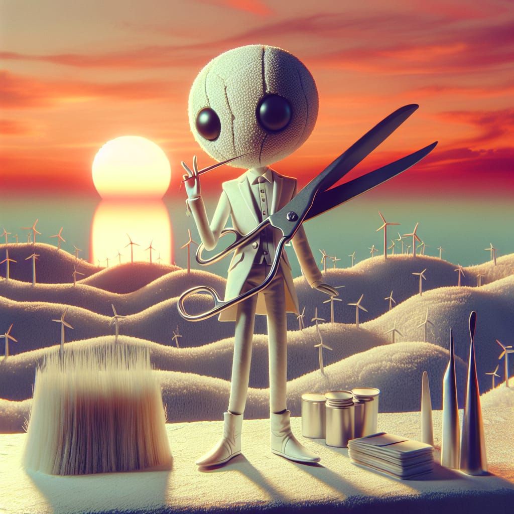 Anthropomorphic Snippers Doll in Surreal Sunset Landscape