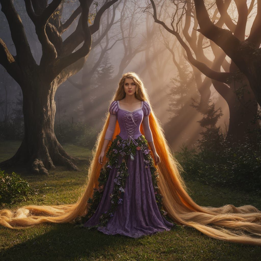 Rapunzel in Gothic Baroque Grove with Golden Hair