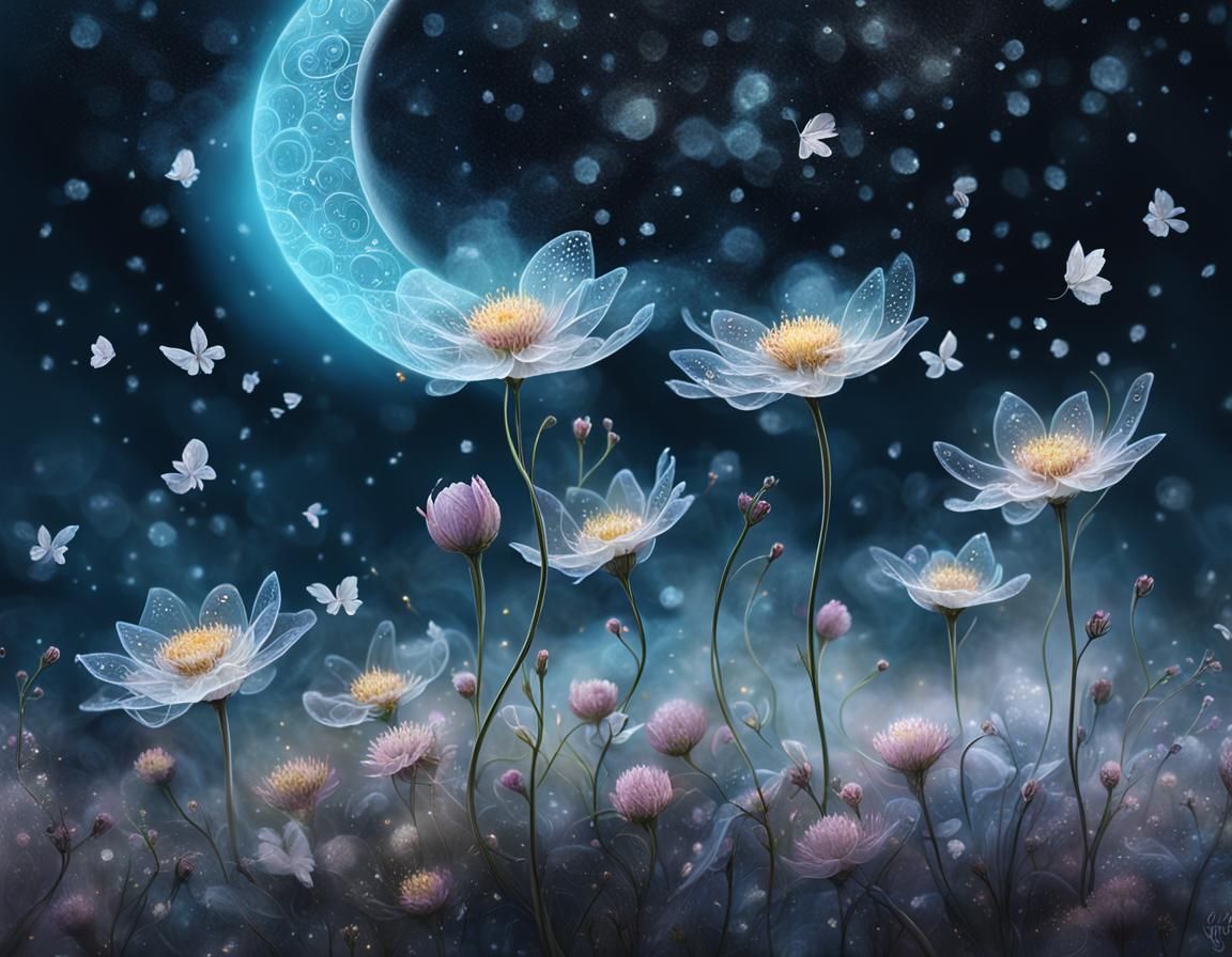 Ethereal Fantasy Flowers in a Misty Moonscape