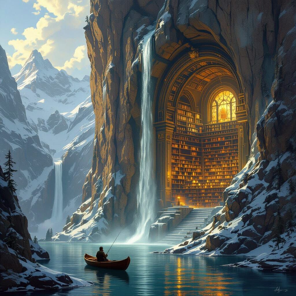 Epic Fantasy Library Carved Into Snowy Mountain Cliff