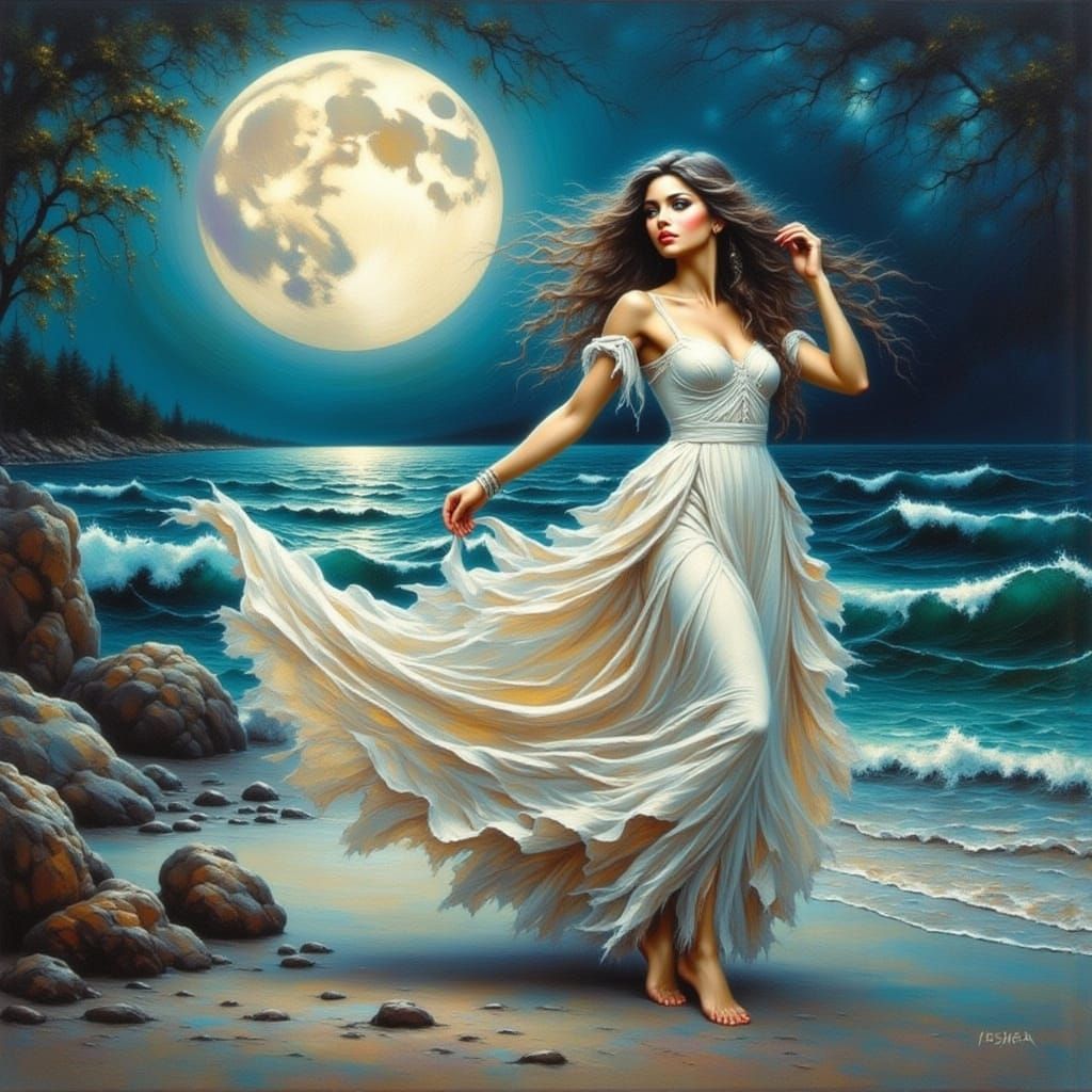 Barefoot Woman Dancing Under Moonlight: Art Nouveau Style