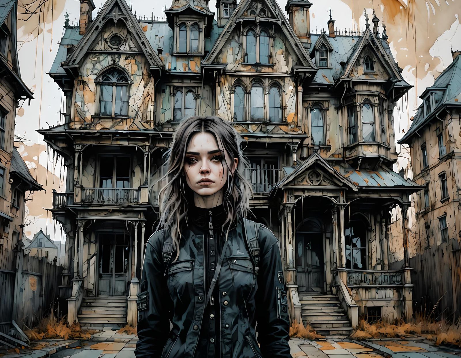 Gothic Girl in Front of Haunted House