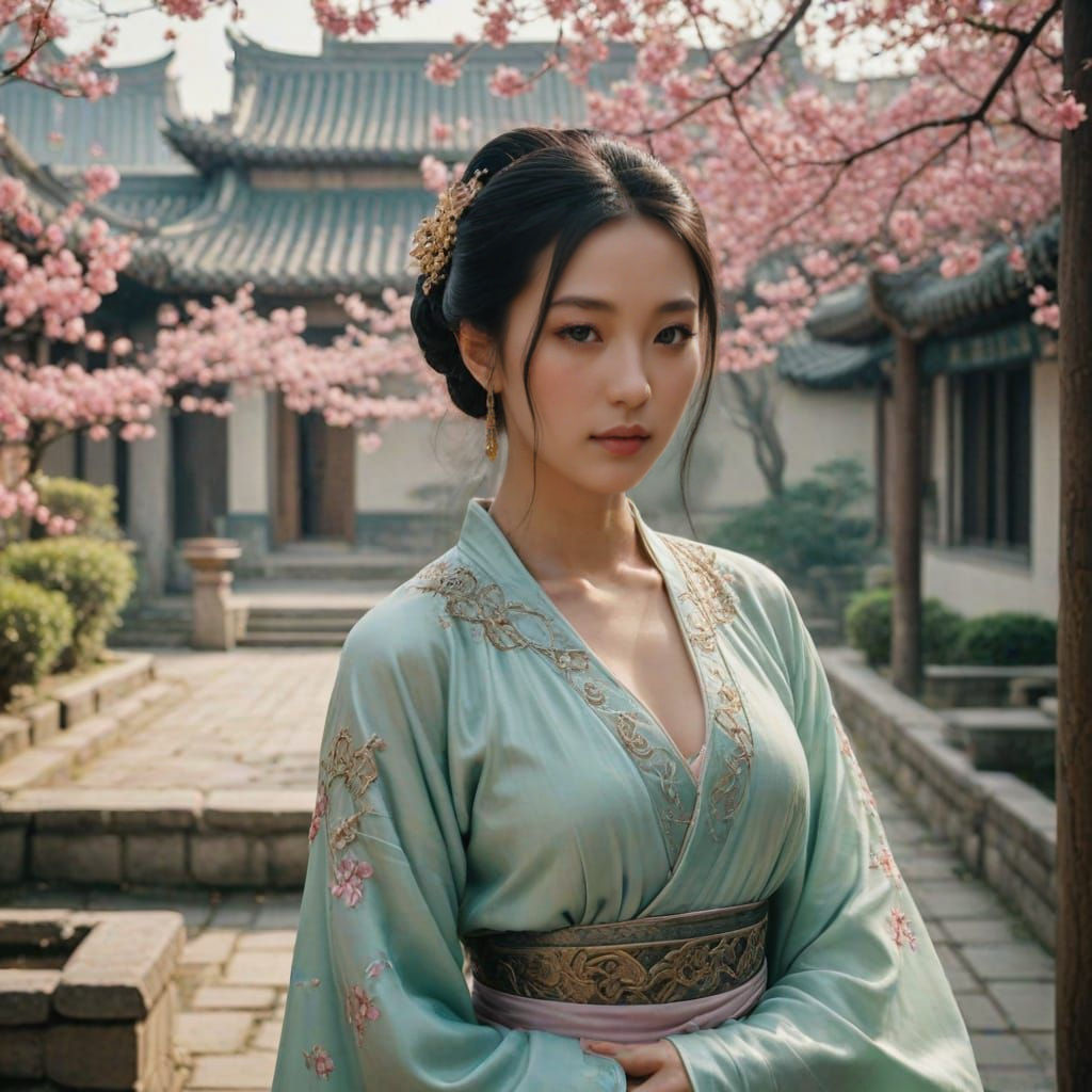 Elegant Chinese Princess in Hanfu Costume Amidst Blossoming ...