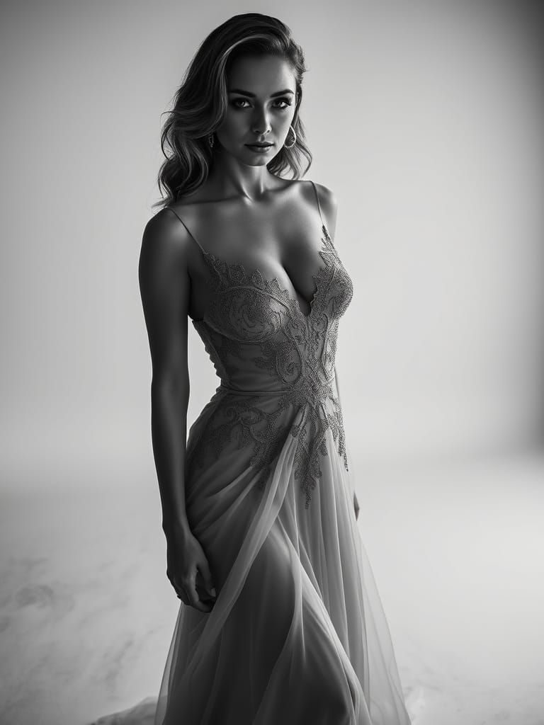 Elegant Woman in Black and White Gown