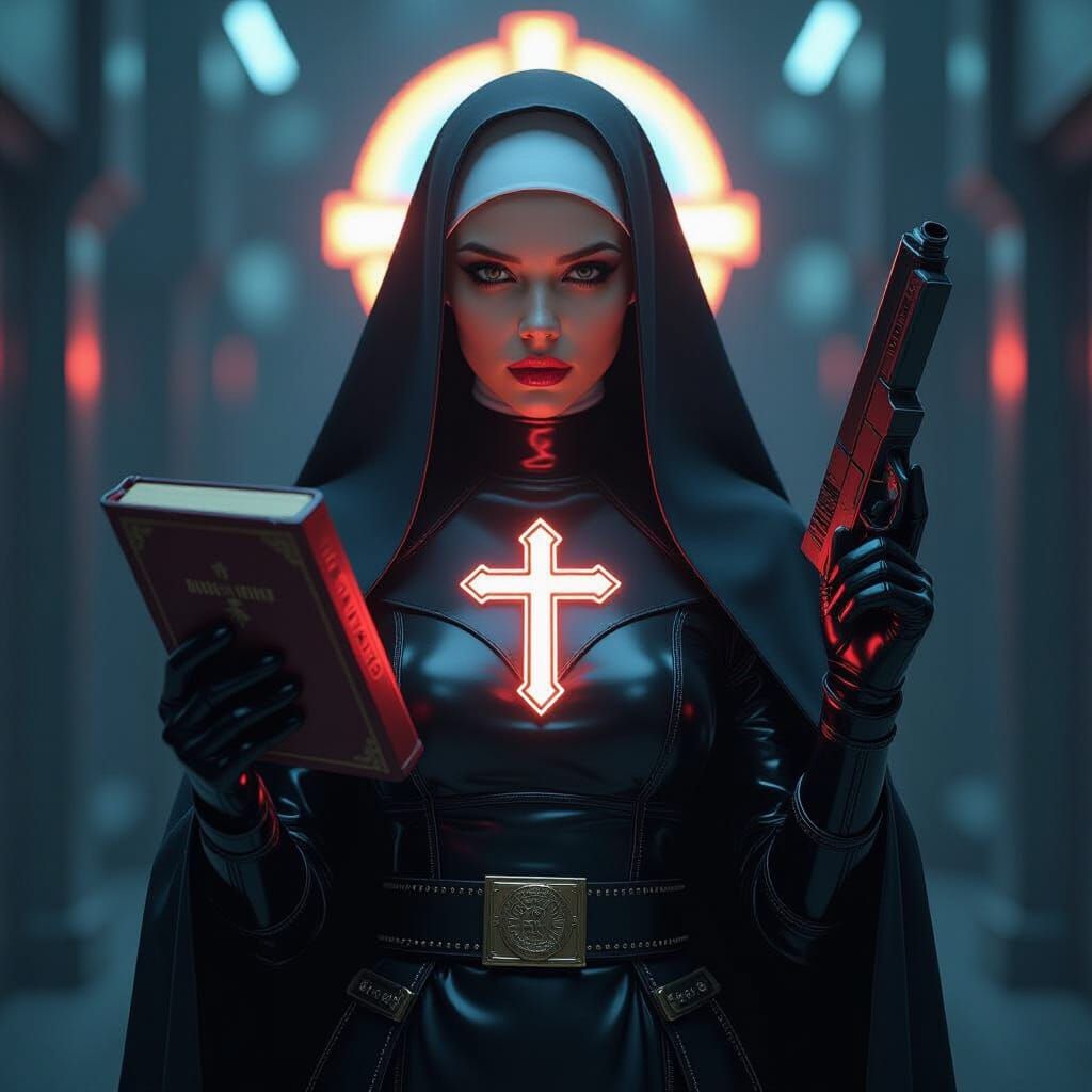 Cyberpunk Nun with Bible and Gun in Giger Style