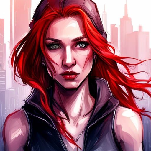 Cyberpunk Redhead Portrait in Vertical Cityscape