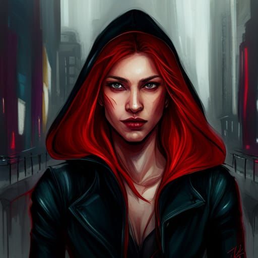 Cyberpunk Redhead Portrait in Dystopian Cityscape