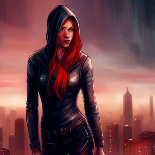 Cyberpunk Redhead Portrait in Dystopian City