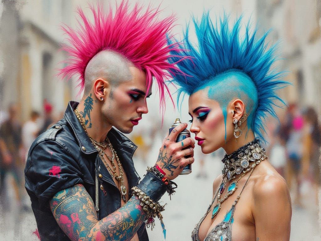 Punk Couple Styling Mohawks in Rococo Style
