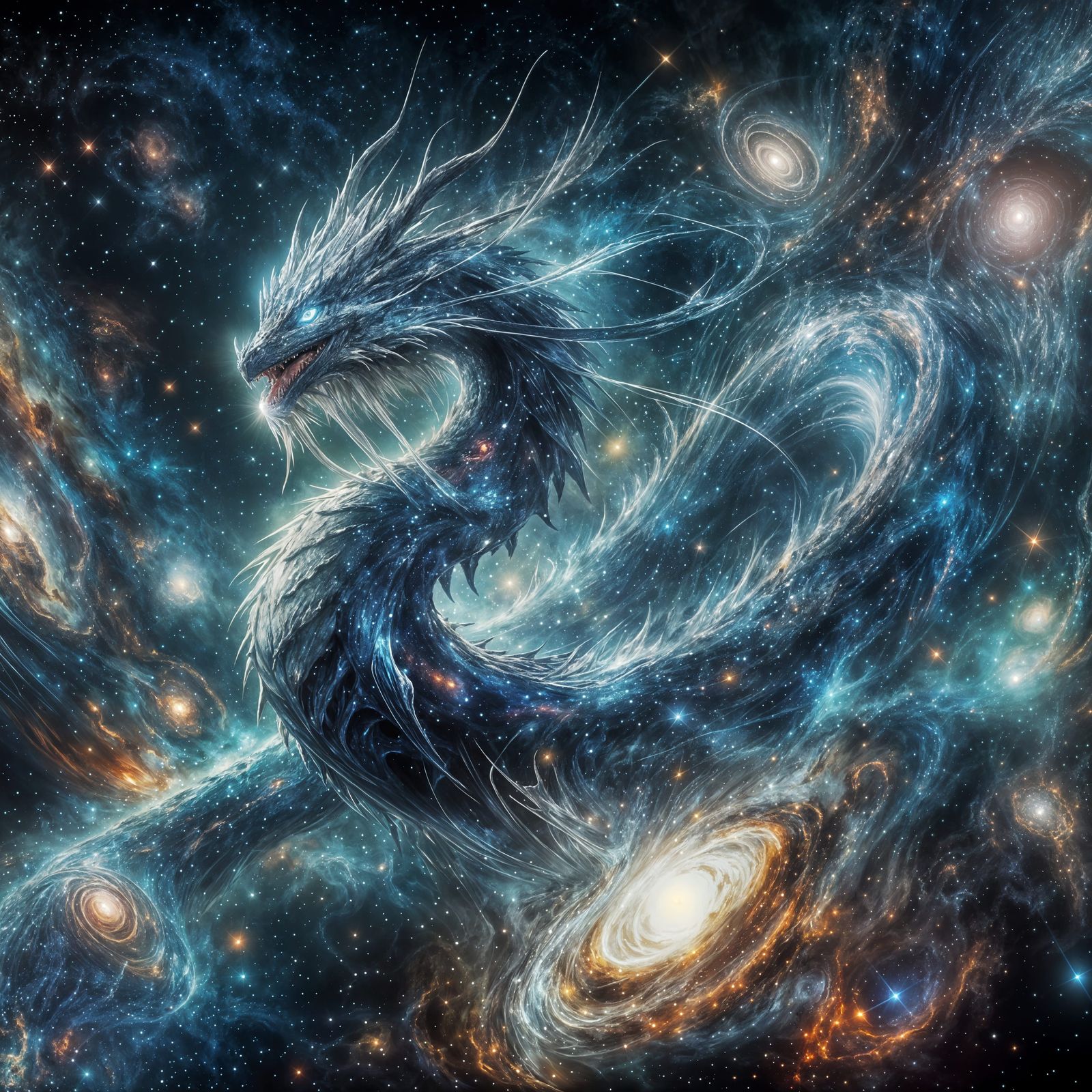 Cosmic Dragon Soaring Through Starry Galaxy