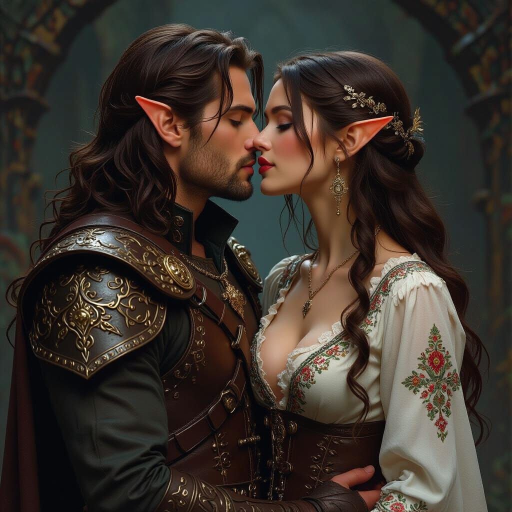 Elven Sorceress Kiss in Dark Fantasy Style