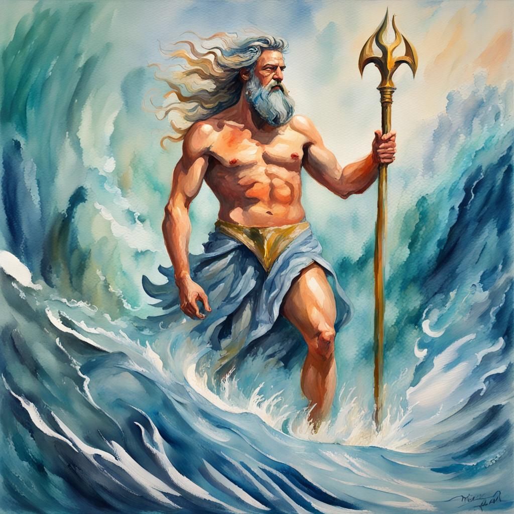Poseidon in Gouache Style: A Modern Take