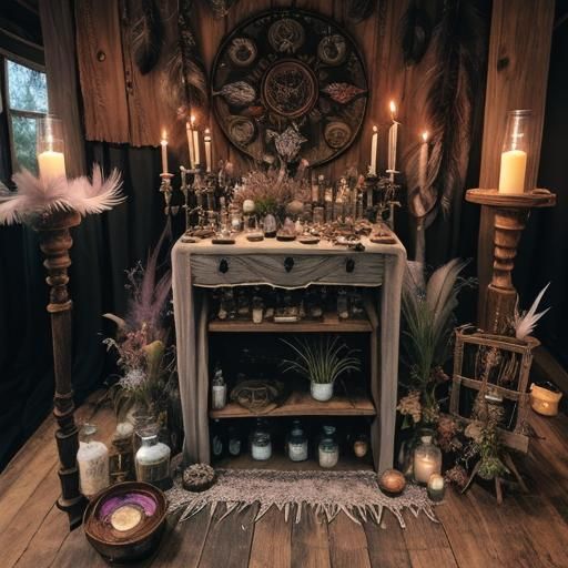 Feather Magic Potion Altar With Witch