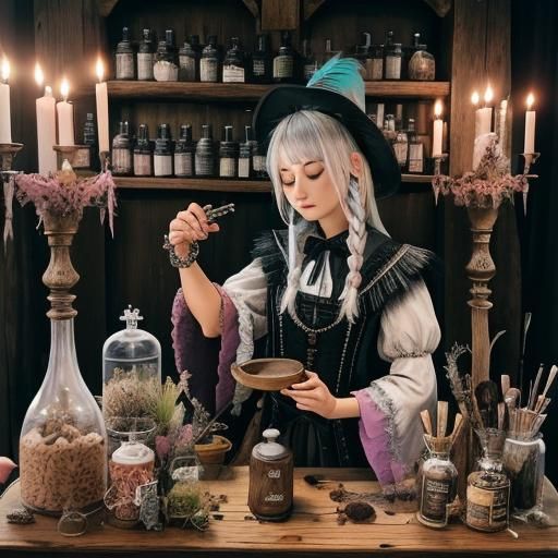 Feather Magic Potion Brew at Rustic Altar