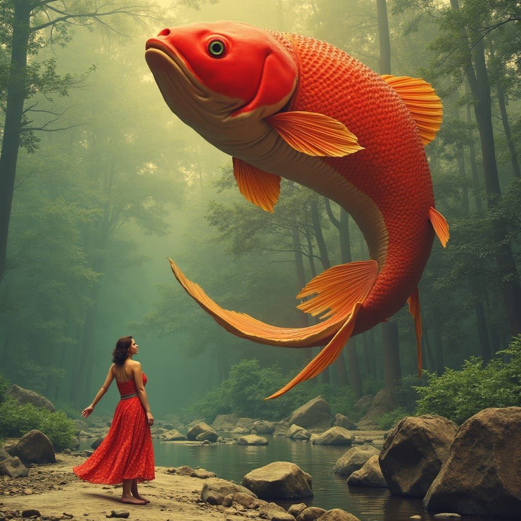 Cyberpunk Woman Leads Glowing Red Fish Structure