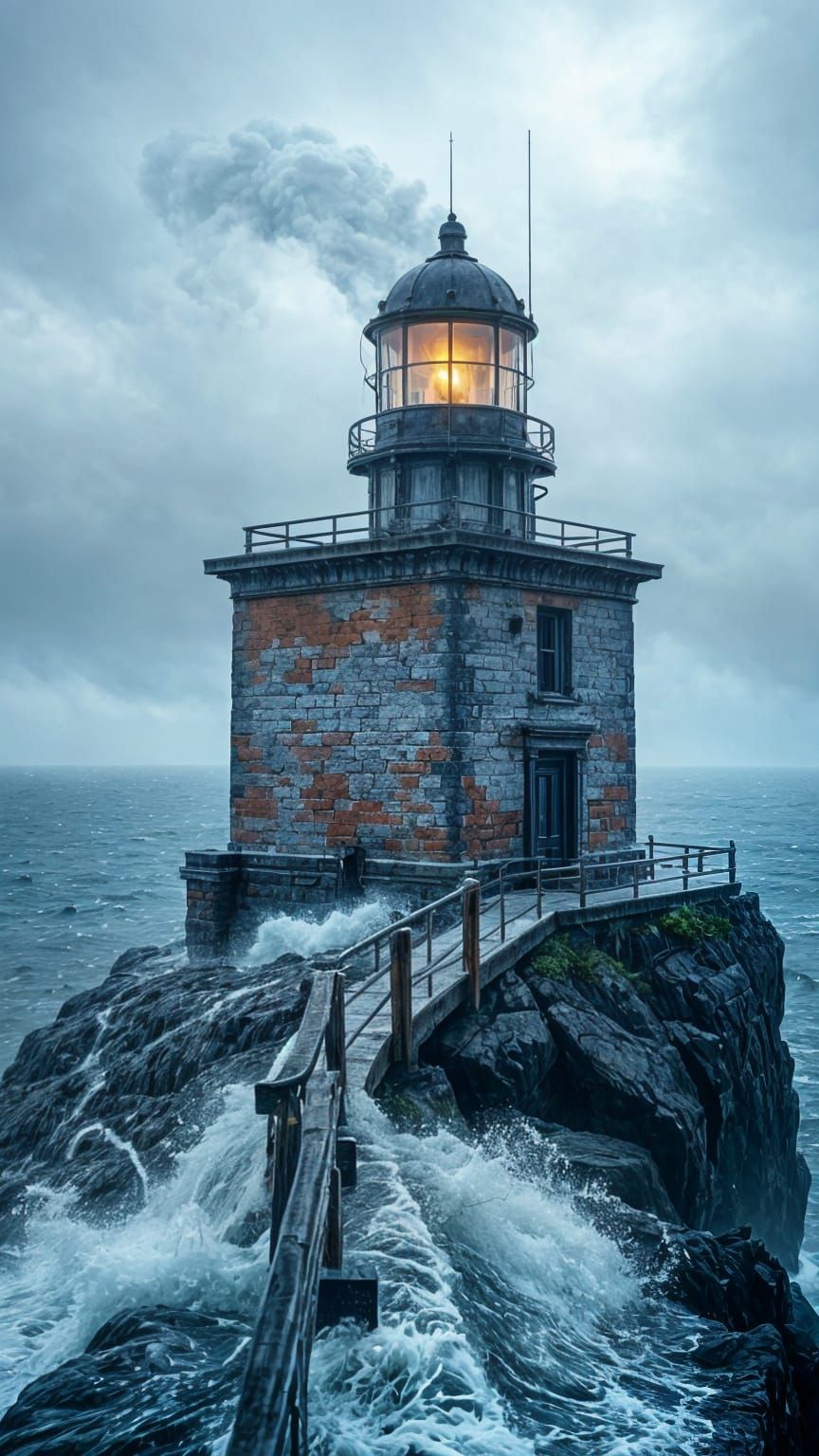 Battered Lighthouse in Stormy Seas, Realistic Romanticism