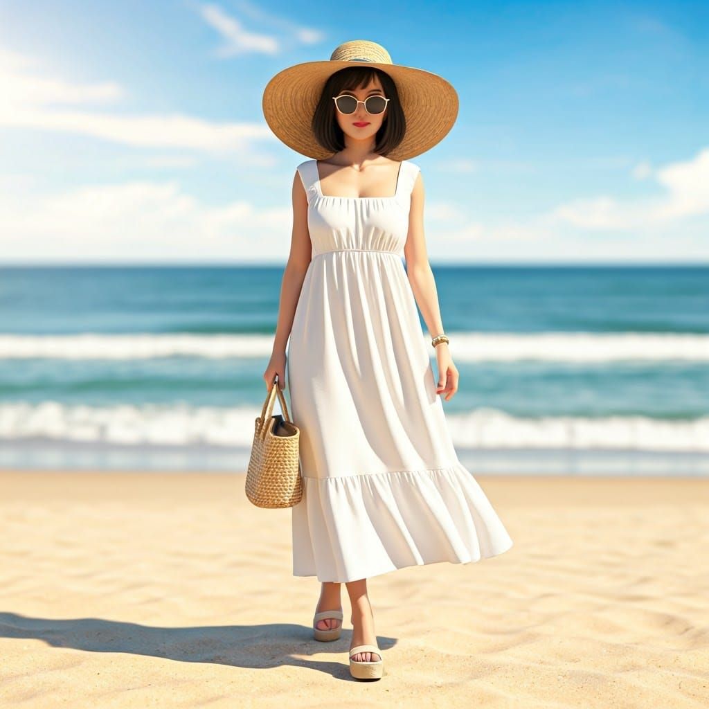 A Serene Thai Woman Strolls on the Beach in Summer