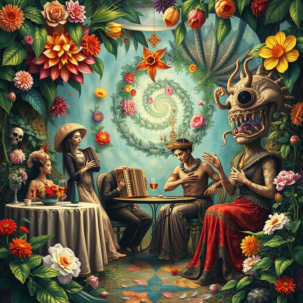 Surreal Garden Party with Dreamlike Creatures