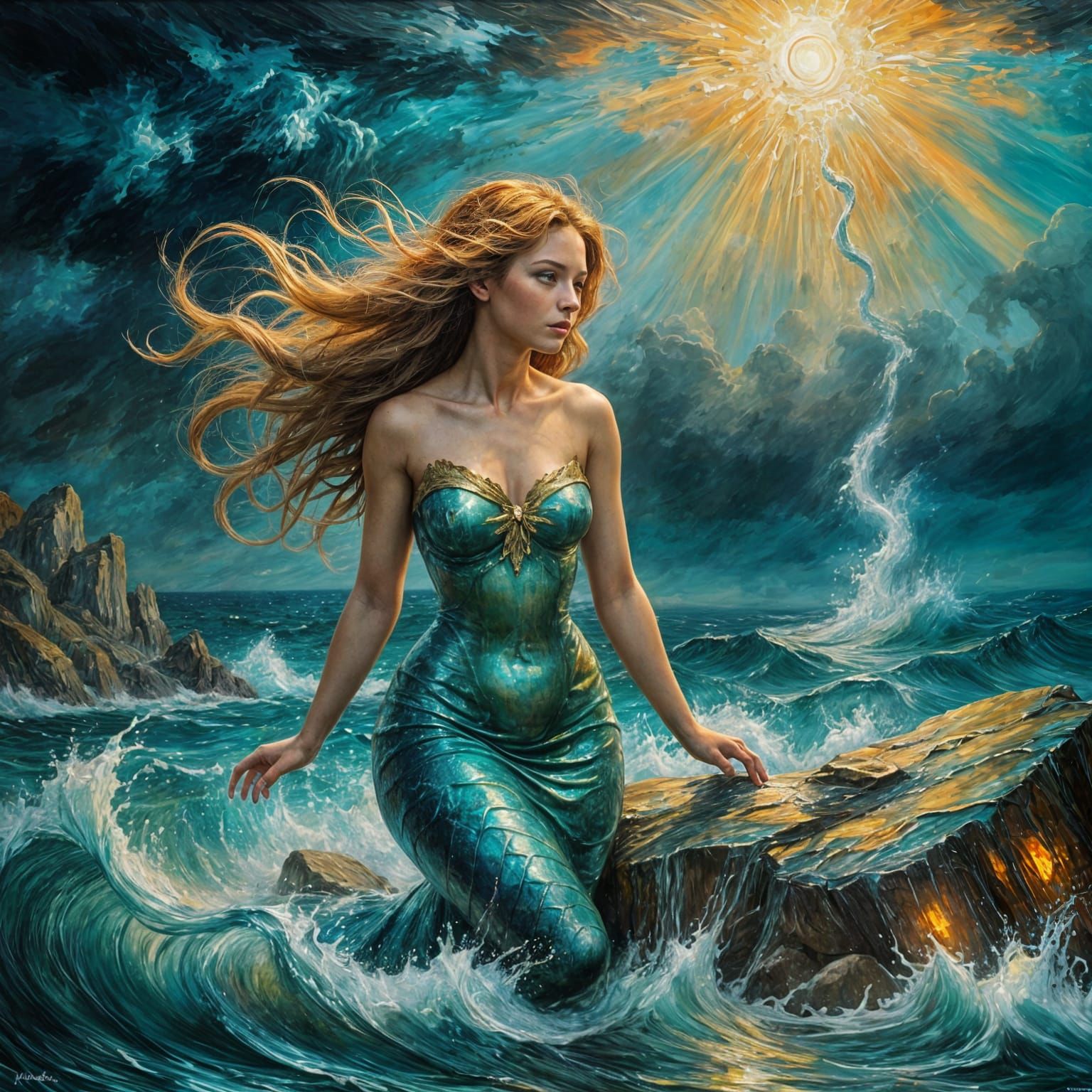Mermaid in Stormy Sea Impasto Oil Painting