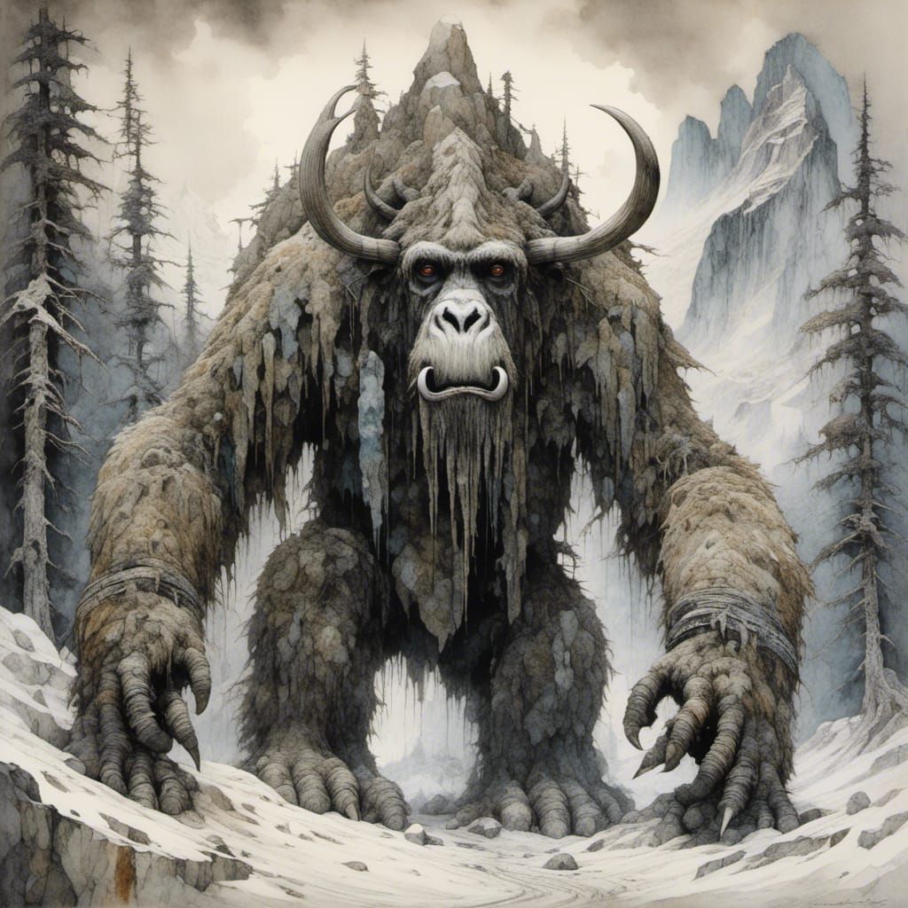 Terrifying Yeti in Snowy Tibet: Watercolor Art