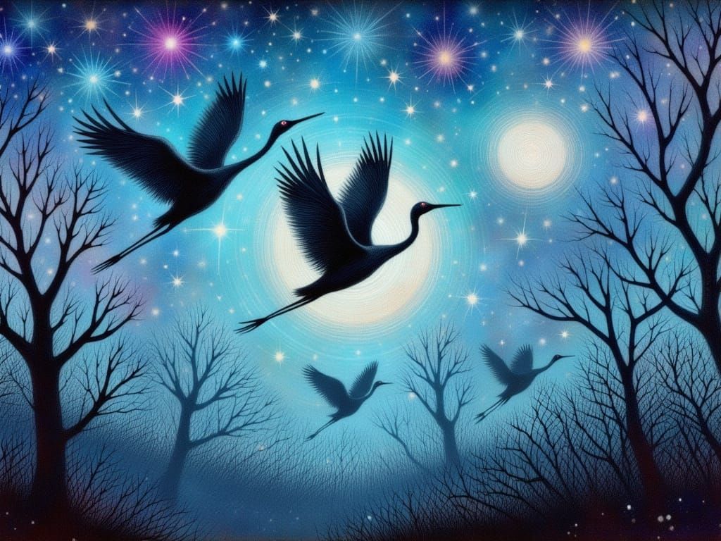 Majestic Cranes Silhouetted Against Vibrant Moonlit Sky