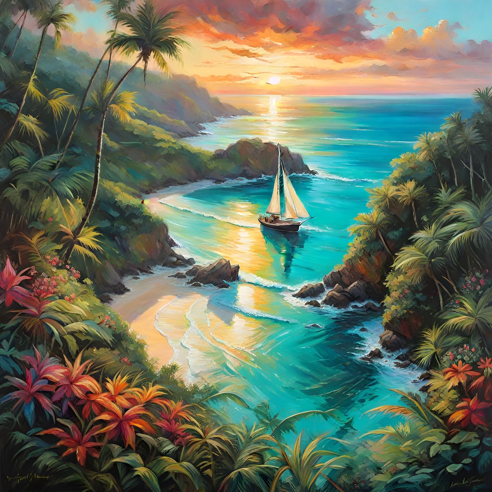 Sailboat at Sunset: Tropical Paradise Painting