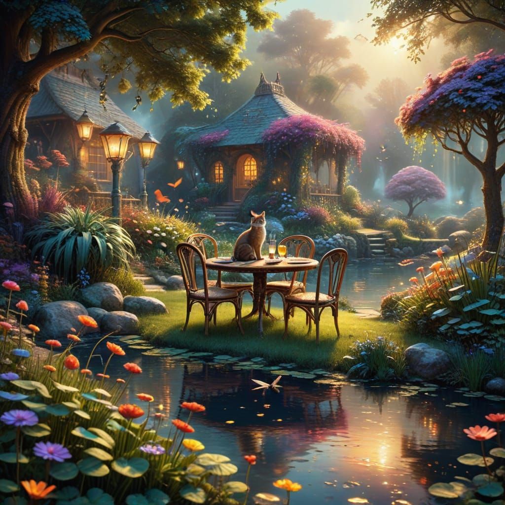 Cat in Ethereal 3D Garden with Dragonflies