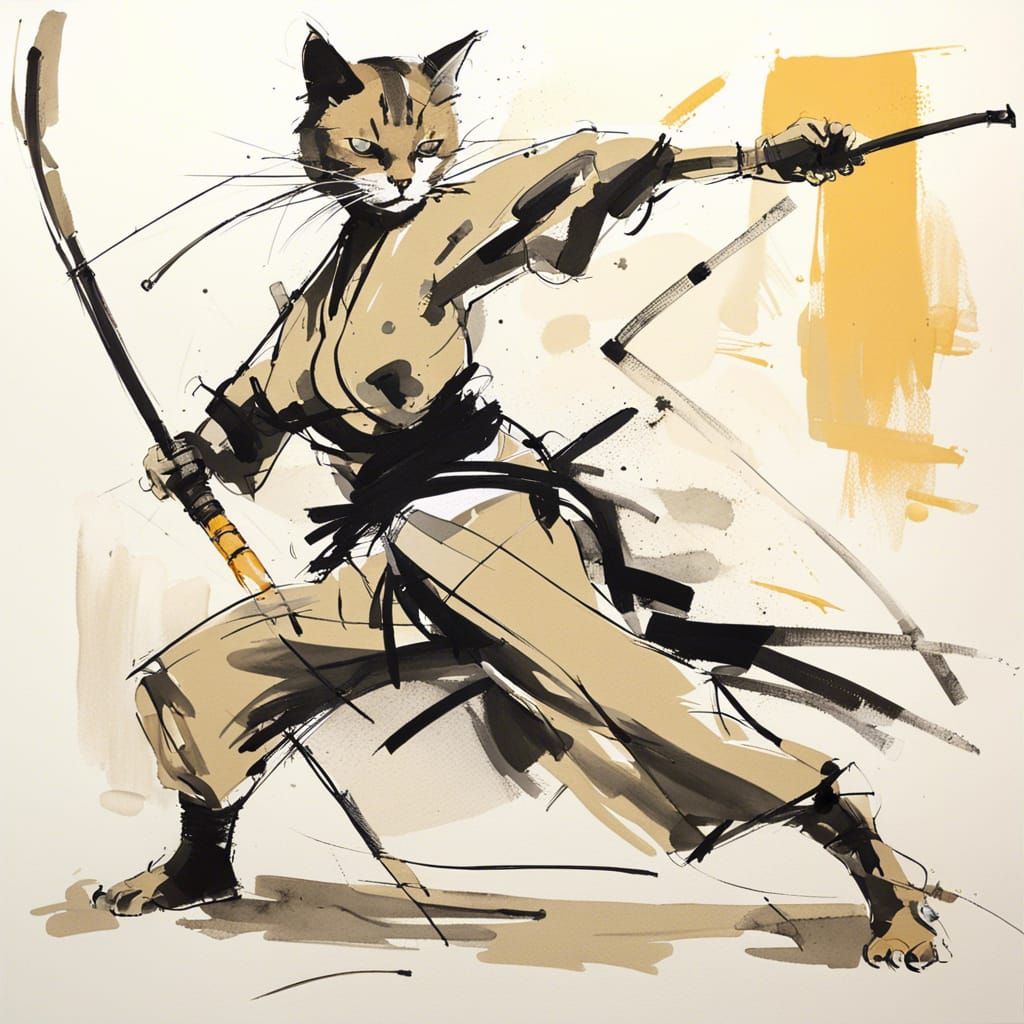 Cat Martial Artist with Bo Staff in Gesture Painting