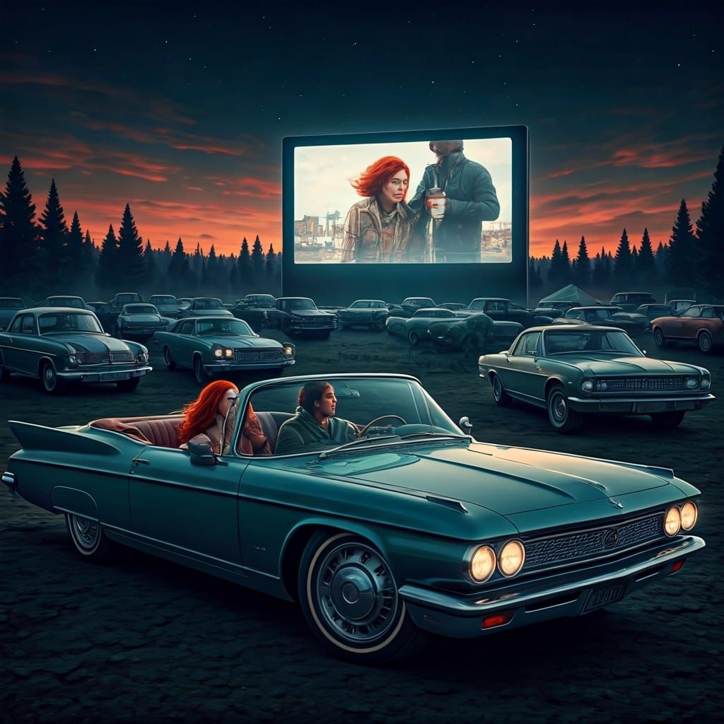 Nostalgic Drive-In Movie Theater in Retro-Futurism Style
