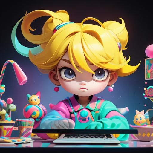 Woman Programming in Java in Candy Art Style