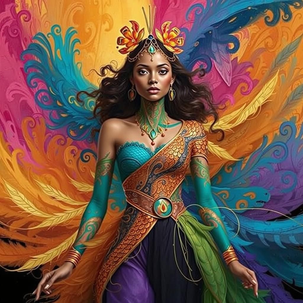 Dragon Peacock Woman in Abstract Expressionism Style