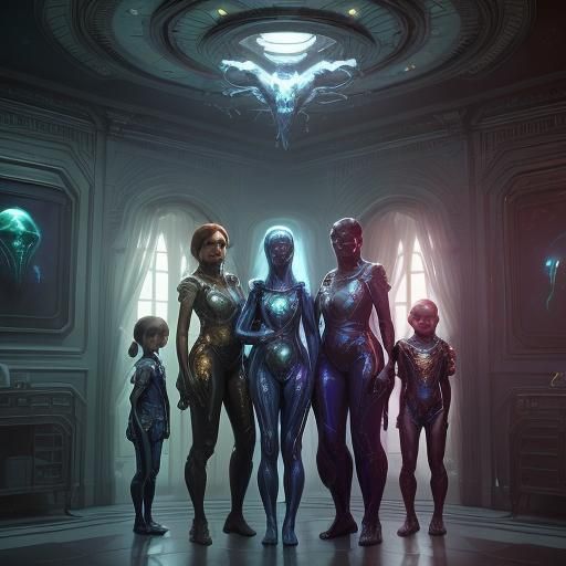 Alien Family Portrait in Hyperdetailed Digital Art