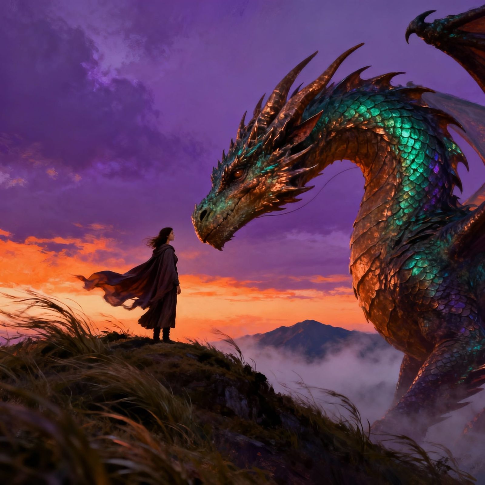 Woman and Dragon in Silent Accord on Windswept Hill