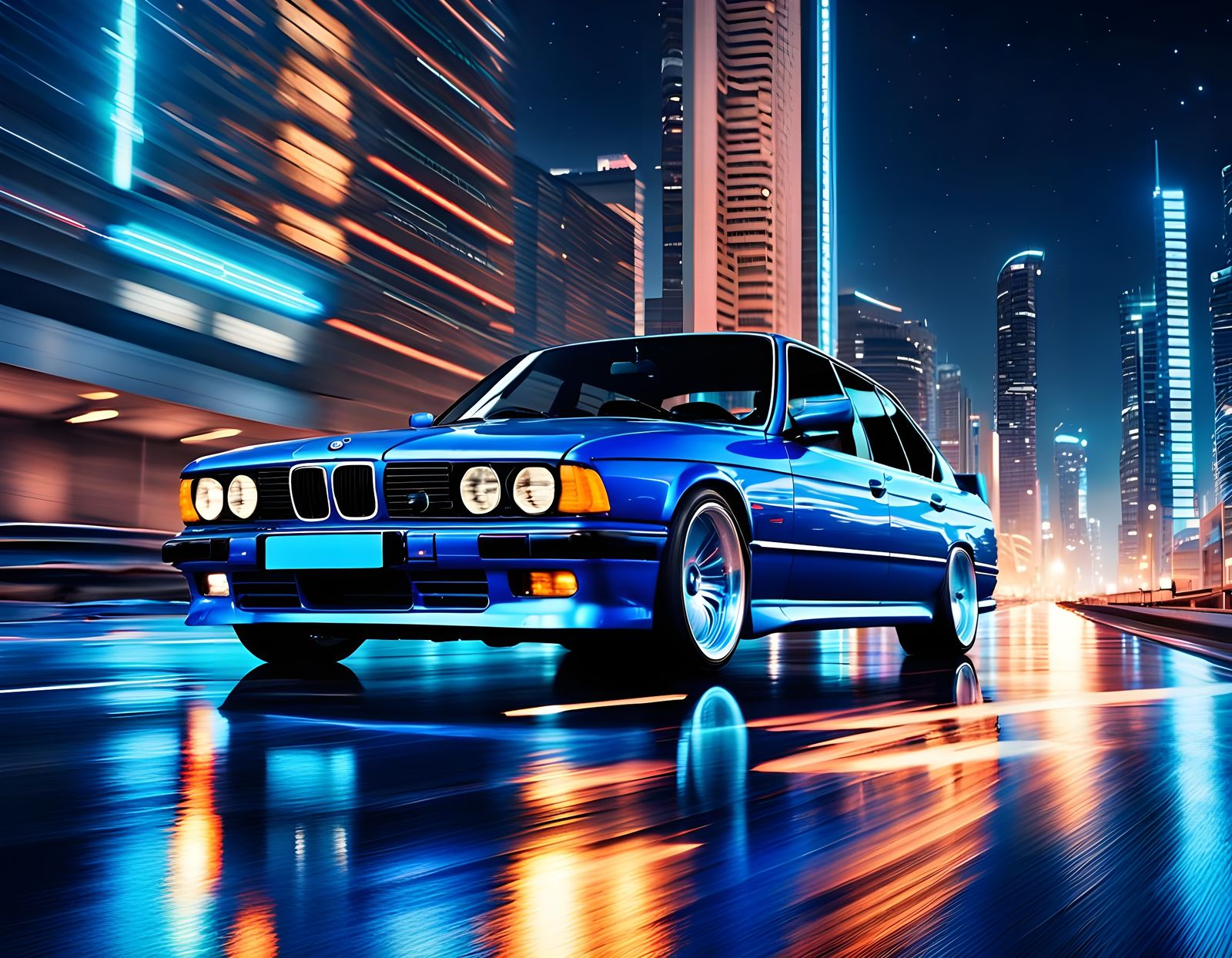 Electric Blue BMW M5 E34 in Retro Futuristic Cityscape at Ni...