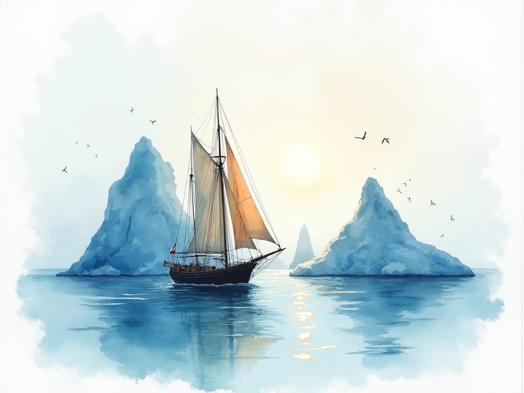 Serene Sailing Ship Among Icebergs in Calm North Sea