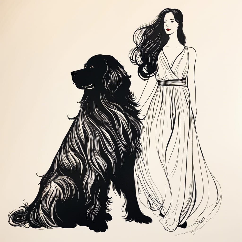 Woman and Newfoundland Dog in Ink Sketch Style
