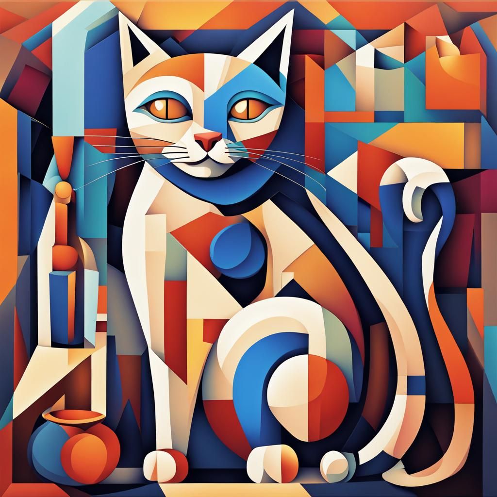 Cubist Cat Enjoys Milk, Geometric Art Deco Style