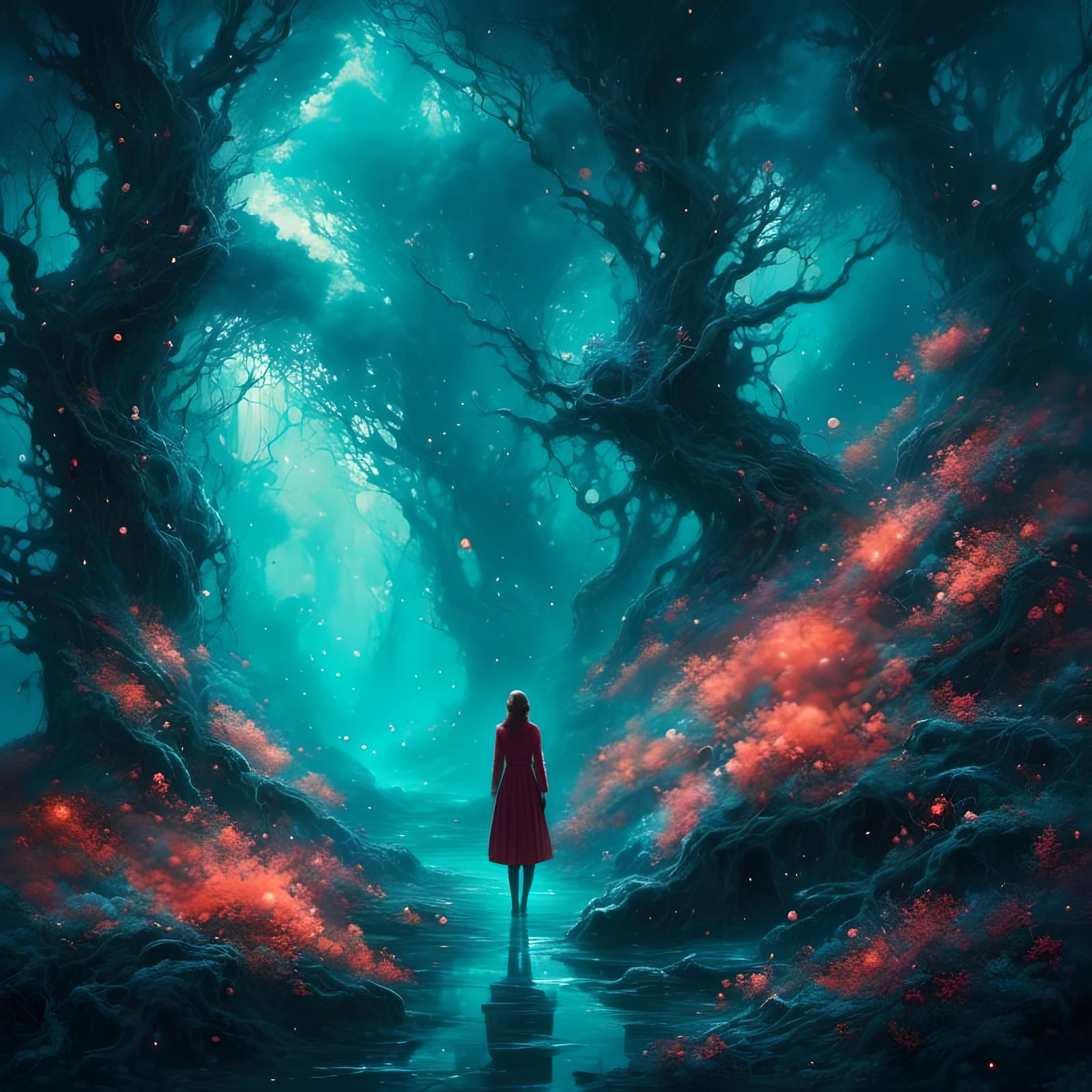 Bioluminescent Forest with Mythical Creatures in Fantasy Sty...