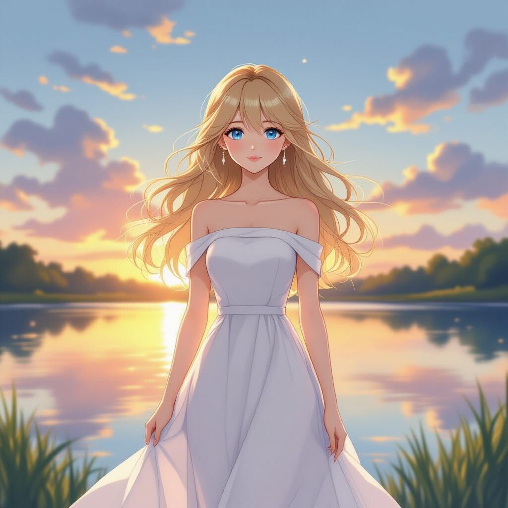 Anime Girl at Sunset Lagoon in Watercolor Style