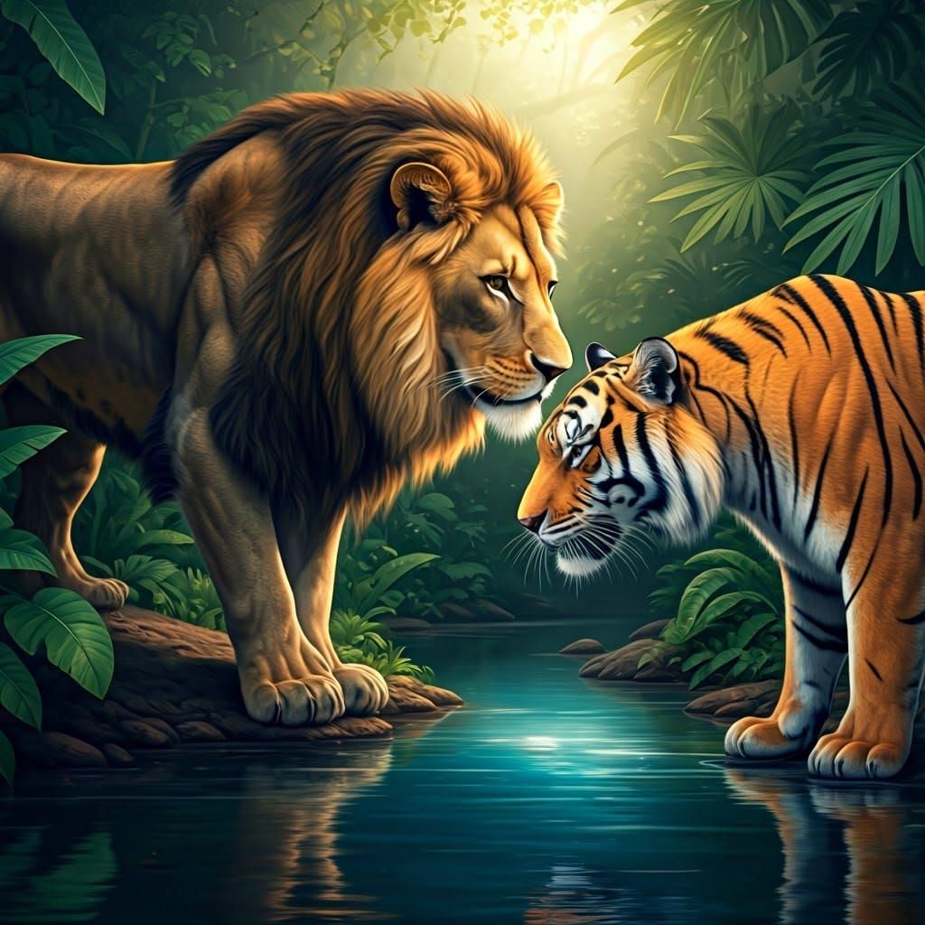 Majestic Lion and Tiger Meet at Tranquil Jungle River