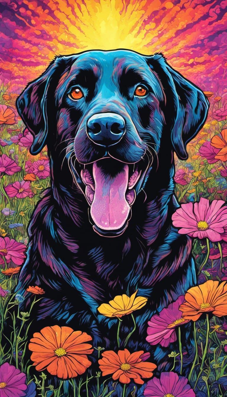 Psychedelic Black Labrador in Cosmos Field
