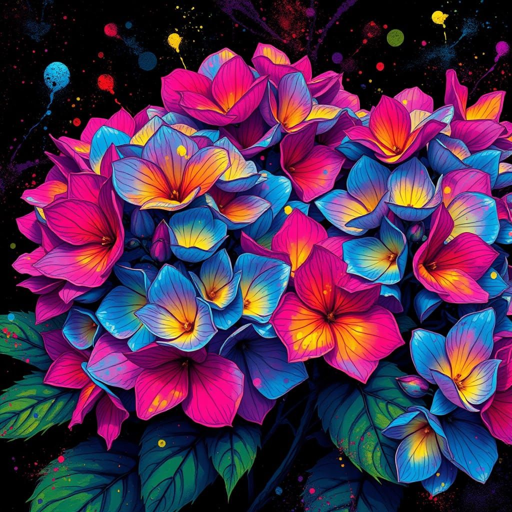 Vibrant Black Light Art Enchanted Hydrangea