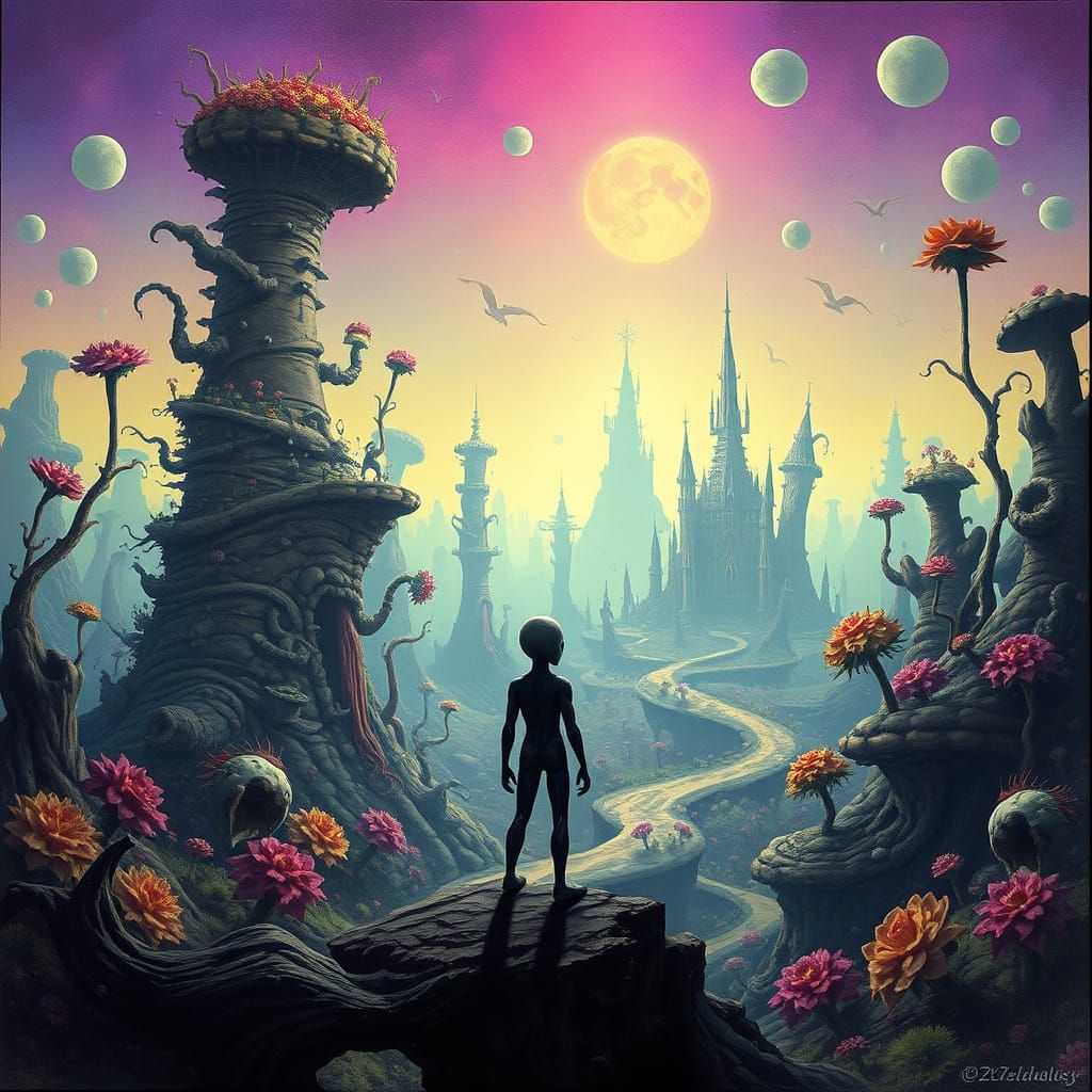 Alien Contemplating Surreal Landscape in Dalí-Inspired Style
