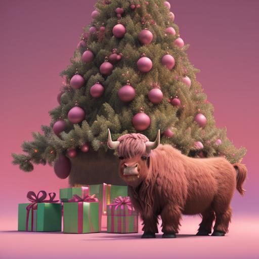 Highland Cow and Pink Christmas Tree in 3D