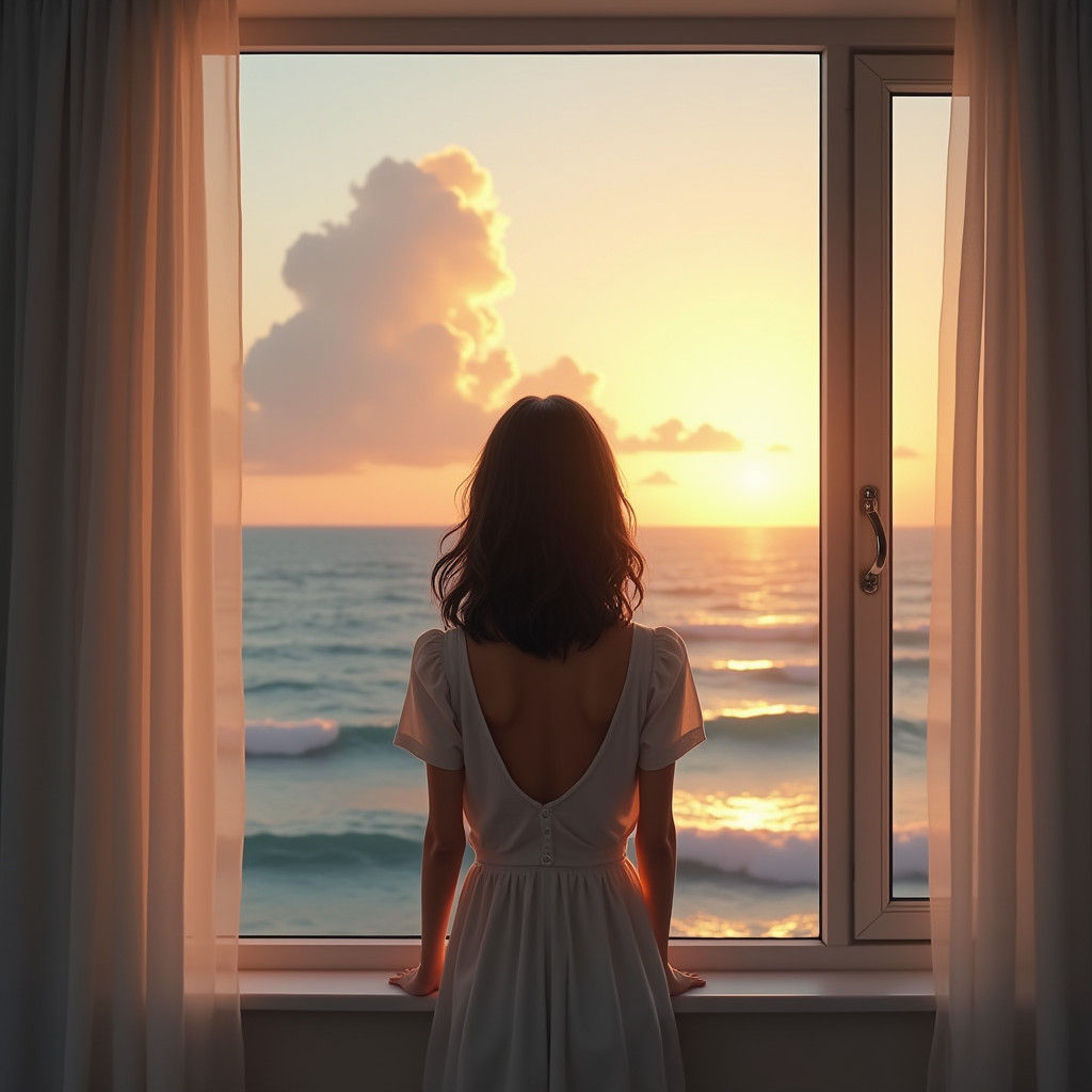 Woman Gazing at Sea from Window