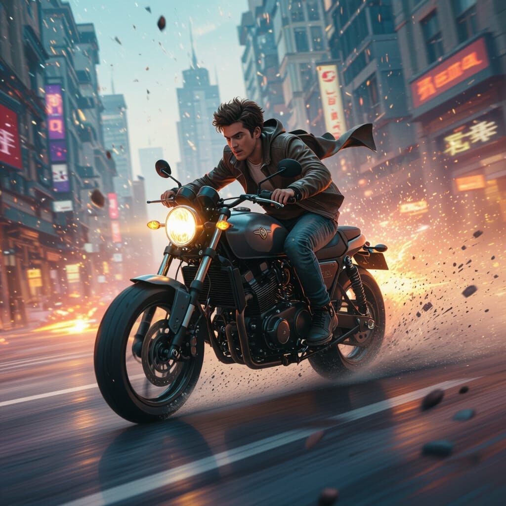 Man Falls Off Speeding Motorbike in Dynamic Fantasy Art