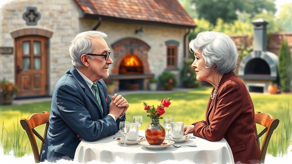 Romantic Elderly Couple Enjoying Tea Time, Watercolor Style