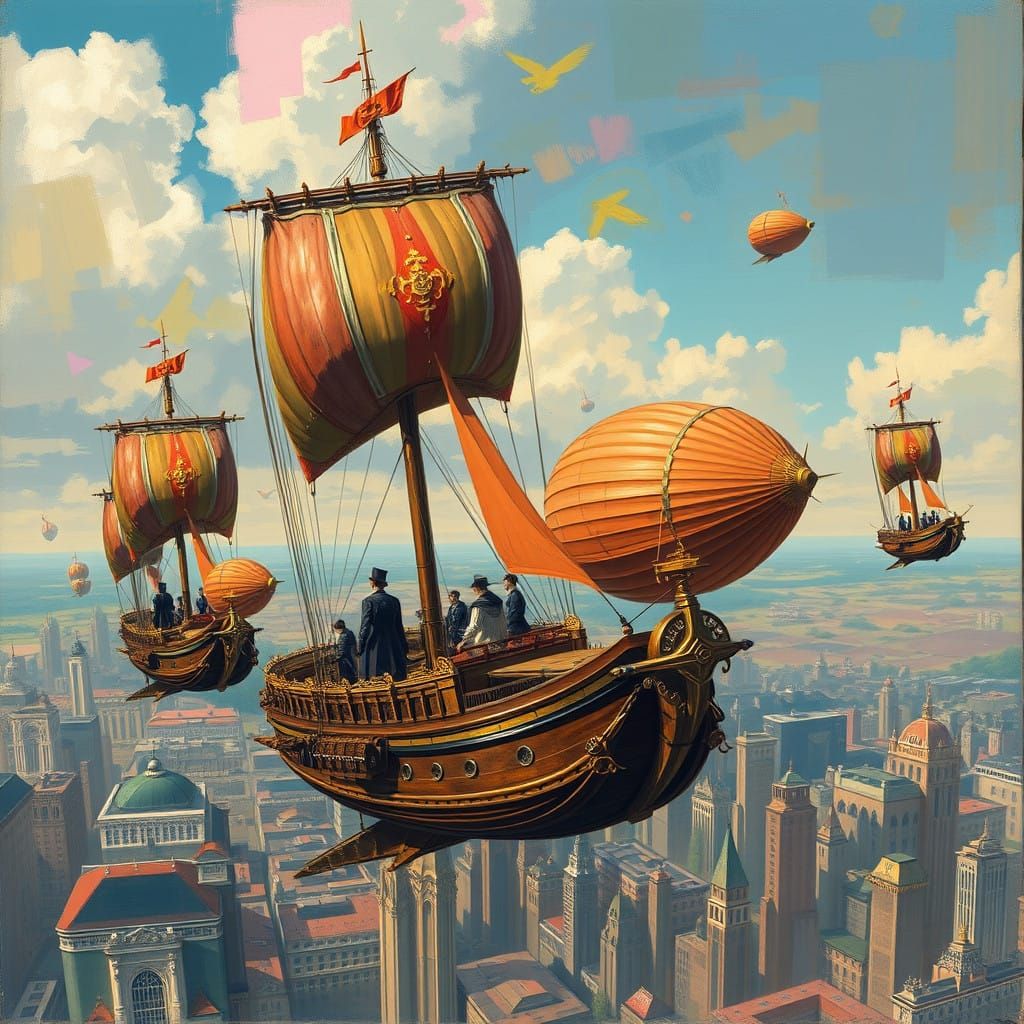 Surreal Airship Armada Over Bustling City in Victorian-Era S...