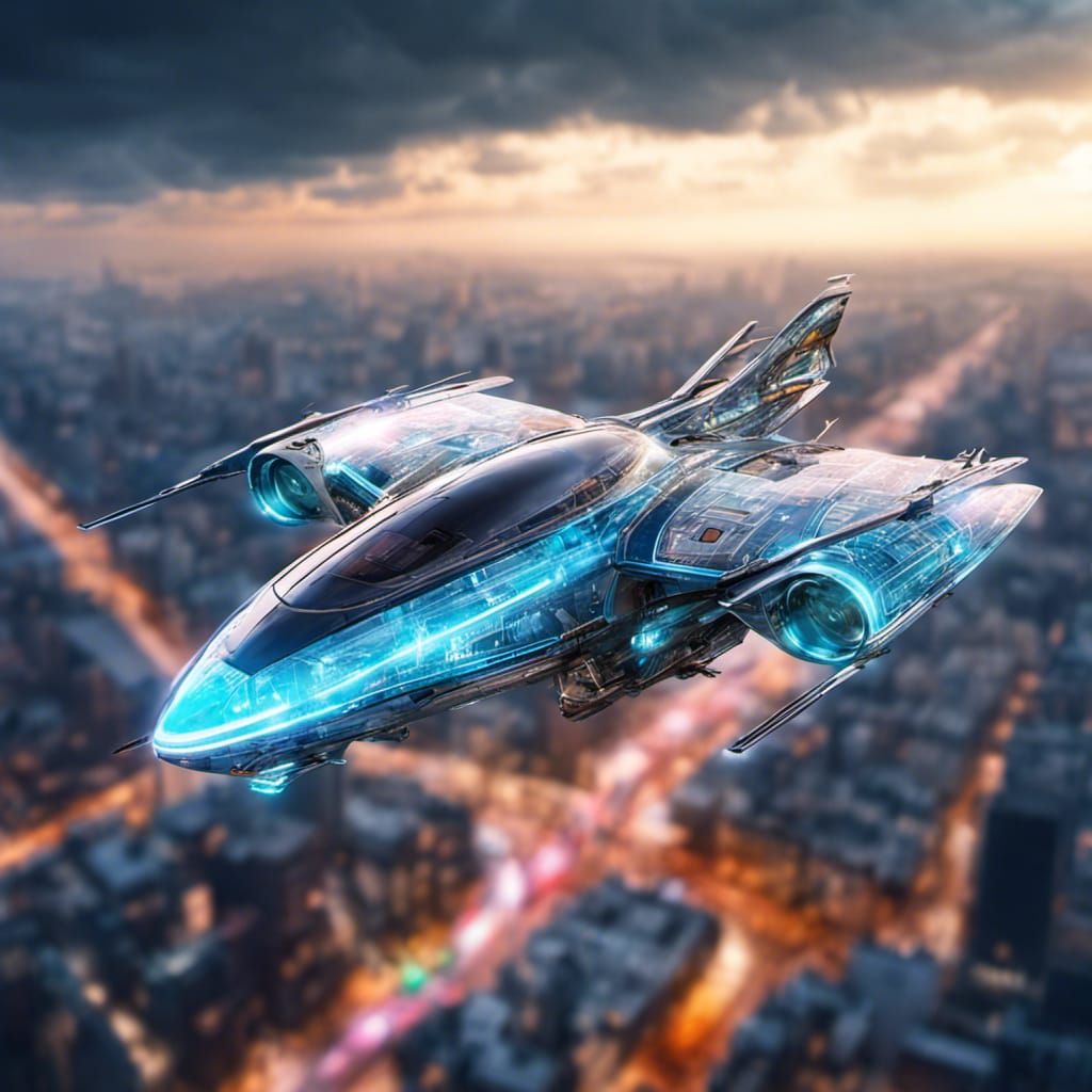 Futuristic Aircraft Flies Through Cyberpunk Cityscape